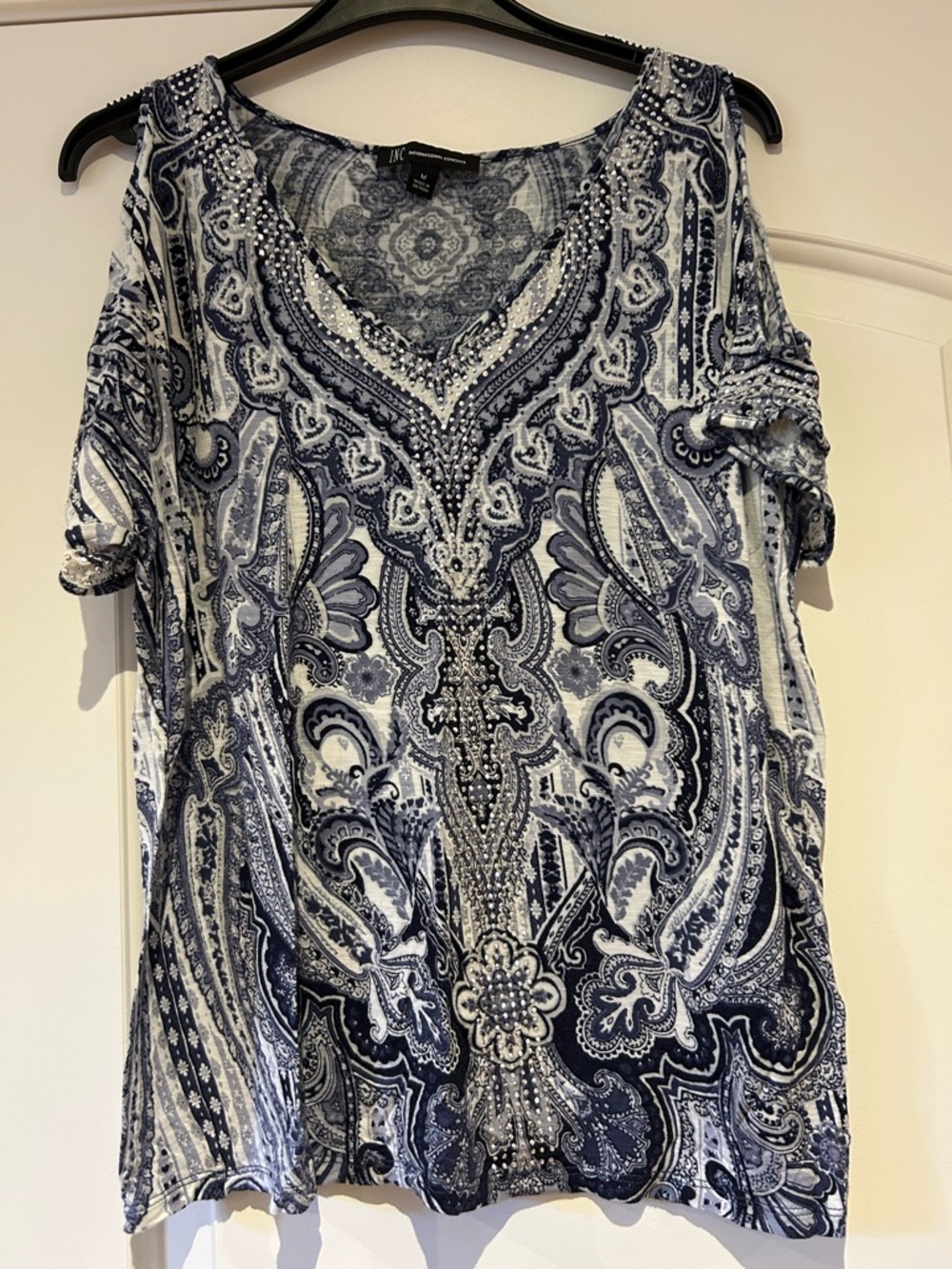 INC International Concepts Navy Paisley Embellished Cold-Shoulder Top